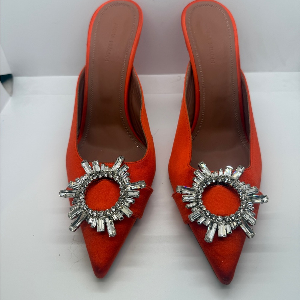 Amina Muaddi Orange Crystal Embellished Heels